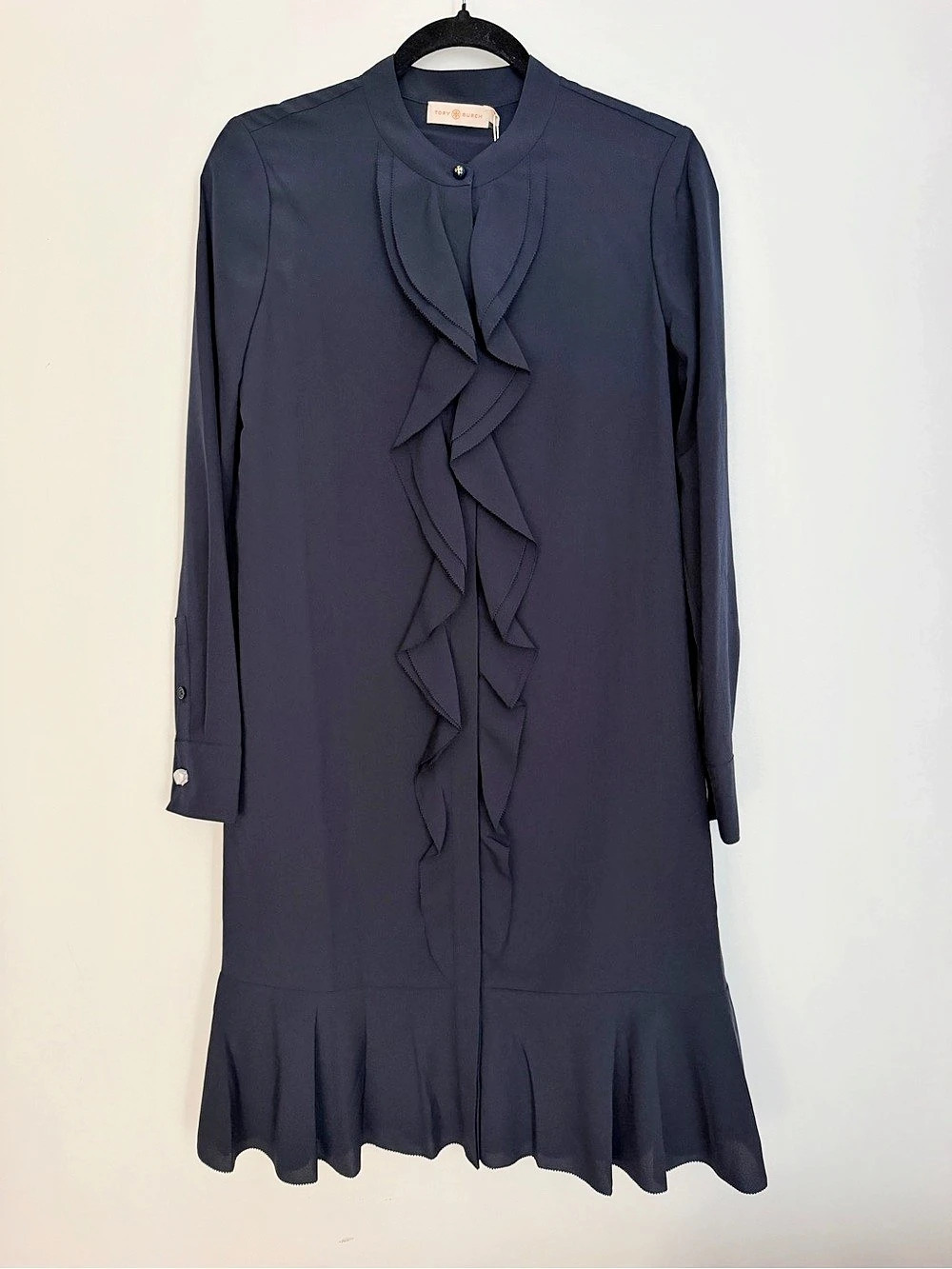 Tory Burch Jane Dress Ruffle Hem Long Sleeve Dress in Navy Blue Size 4 NWT